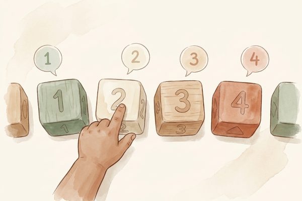 Watercolor illustration of a child counting by touching each object once