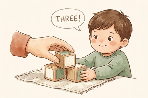Watercolor illustration of a parent saying the total after counting with a child
