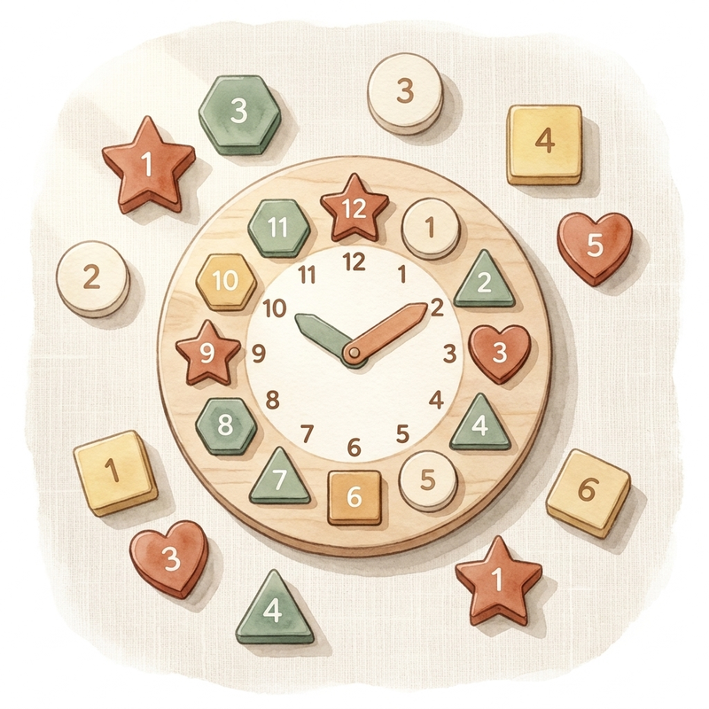 Watercolor illustration of The Number Lab wooden puzzle with twelve colored numbered shapes