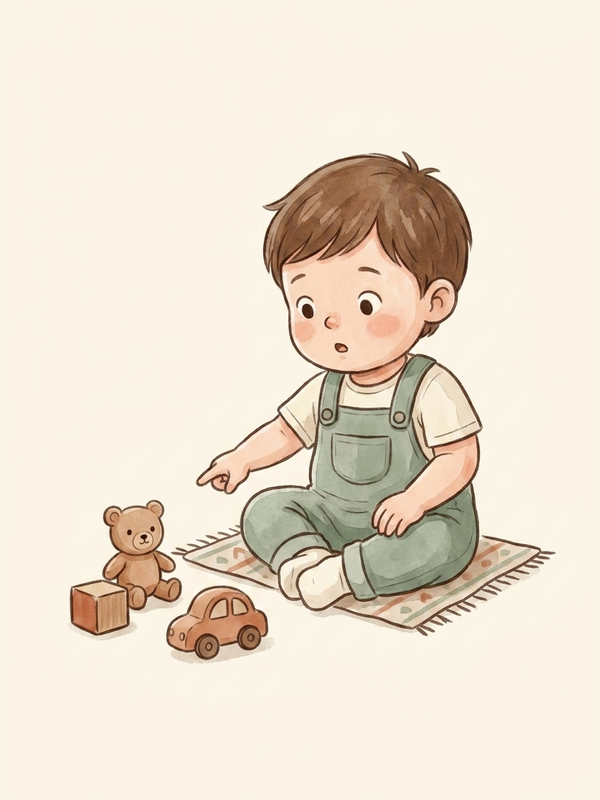 Watercolor illustration of a toddler spotting two of something without counting