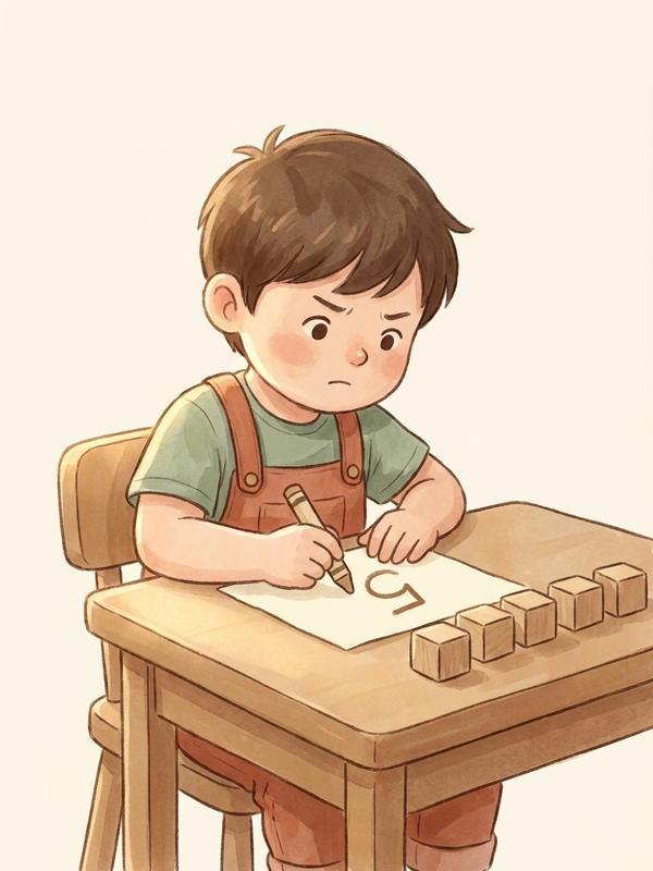 Watercolor illustration of a child linking the written numeral five to five objects