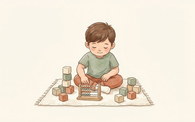 Watercolor illustration of a preschooler counting blocks during play